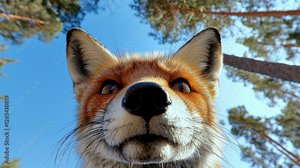 Obraz premium Close-Up View of a Fox in Natural Forest Setting with Tall Trees and Clear Blue Sky in Background Capturing the Beauty of Wildlife and Nature