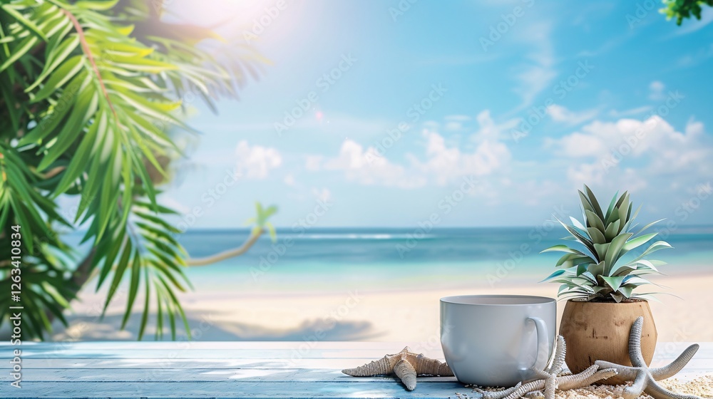 Obraz premium A white coffee cup is on a table next to a potted plant