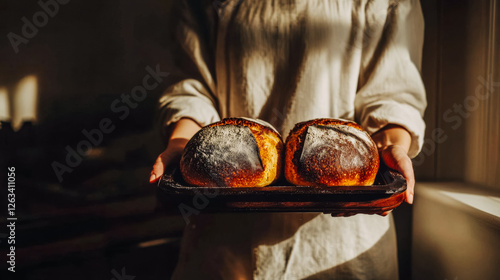 Artisan bread baking in a rustic kitchen with female baker photo