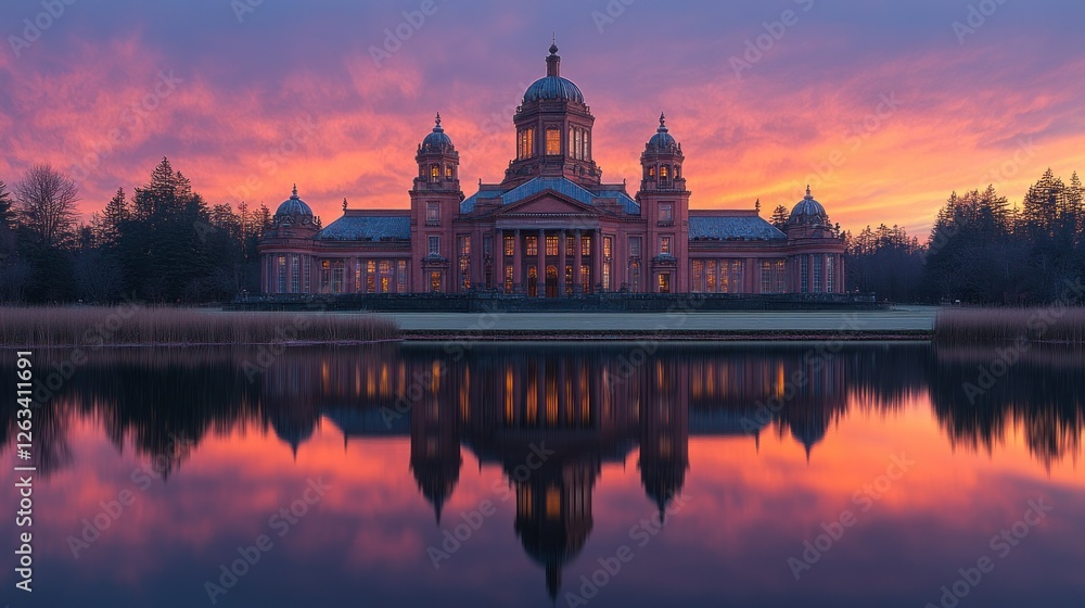 Obraz premium Majestic building reflected in tranquil lake at sunrise