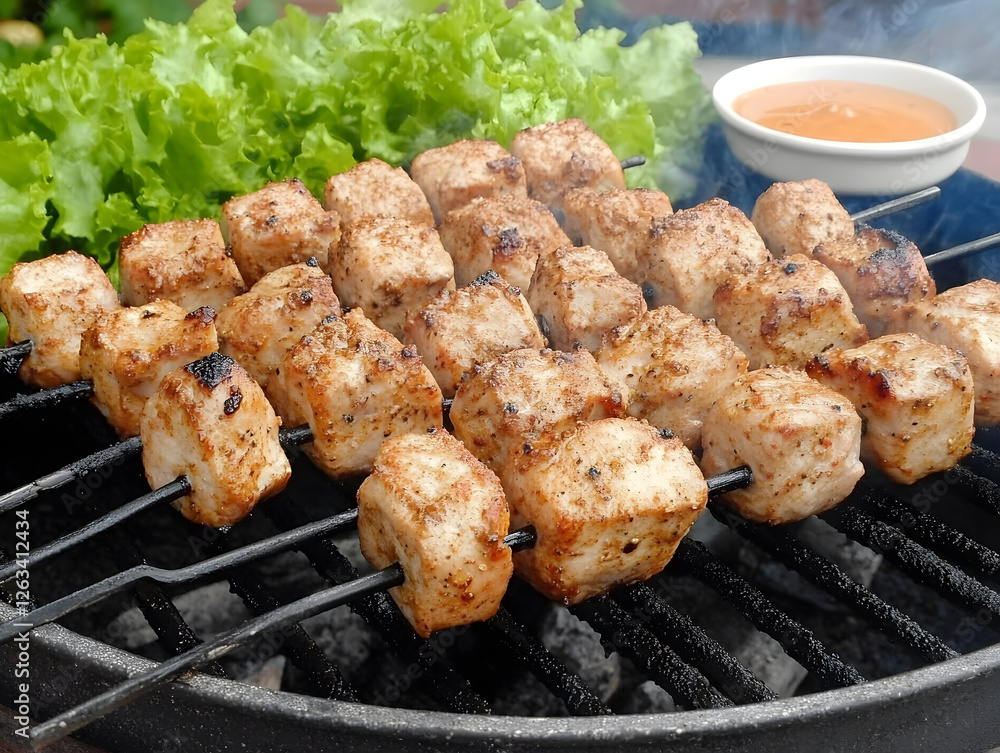 Sizzling Chicken Skewers on a Barbecue Grill With Fresh Salad and Dipping Sauce at a Backyard Gathering Sizzling Chicken Skewers on a Barbecue Grill With Fresh Salad and Dipping Sauce at a Backyard Gathering