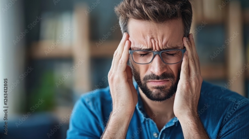 Fototapeta premium Young man with glasses experiencing stress, headache, and frustration in a modern office setting
