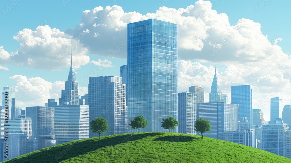 Green hill, city skyline, bright day, eco-friendly urban landscape, sustainable future Green hill, city skyline, bright day, eco-friendly urban landscape, sustainable future