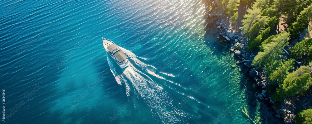 Fototapeta premium A boat is in the water with the water being blue