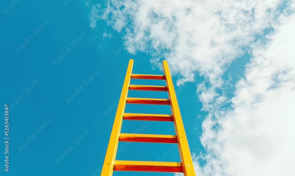 A Vibrant Yellow Ladder Reaching High into the Sky: A Symbol of Aspirations and Endless Possibilities in a Bright Blue Atmosphere A Vibrant Yellow Ladder Reaching High into the Sky: A Symbol of Aspirations and Endless Possibilities in a Bright Blue Atmosphere