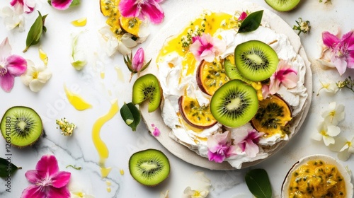 Wallpaper Mural Deconstructed Pavlova cake dessert. Crisp, airy meringue base with green kiwano slices, passion fruit, coconut milk cream, edible flower petals Torontodigital.ca