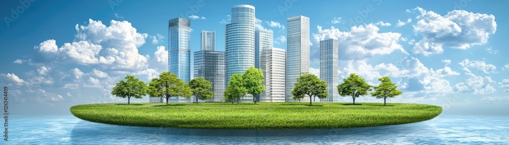 Obraz premium Green city island, eco-friendly urban landscape, sustainable future, blue sky