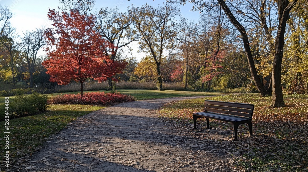 Fototapeta premium A peaceful park path surrounded by vibrant autumn foliage. A solitary bench invites visitors to pause and enjoy the beautiful fall scenery during late afternoon