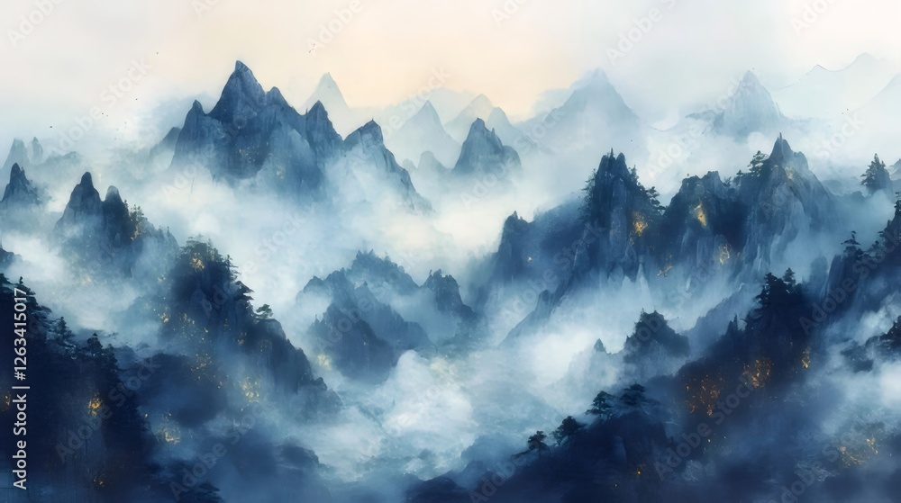 Misty mountain range with small villages nestled in valleys. Misty mountain range with small villages nestled in valleys.