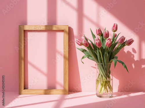 Pink tulips in vase and empty wooden frame for text on a pink background. Copy space. Spring concept.