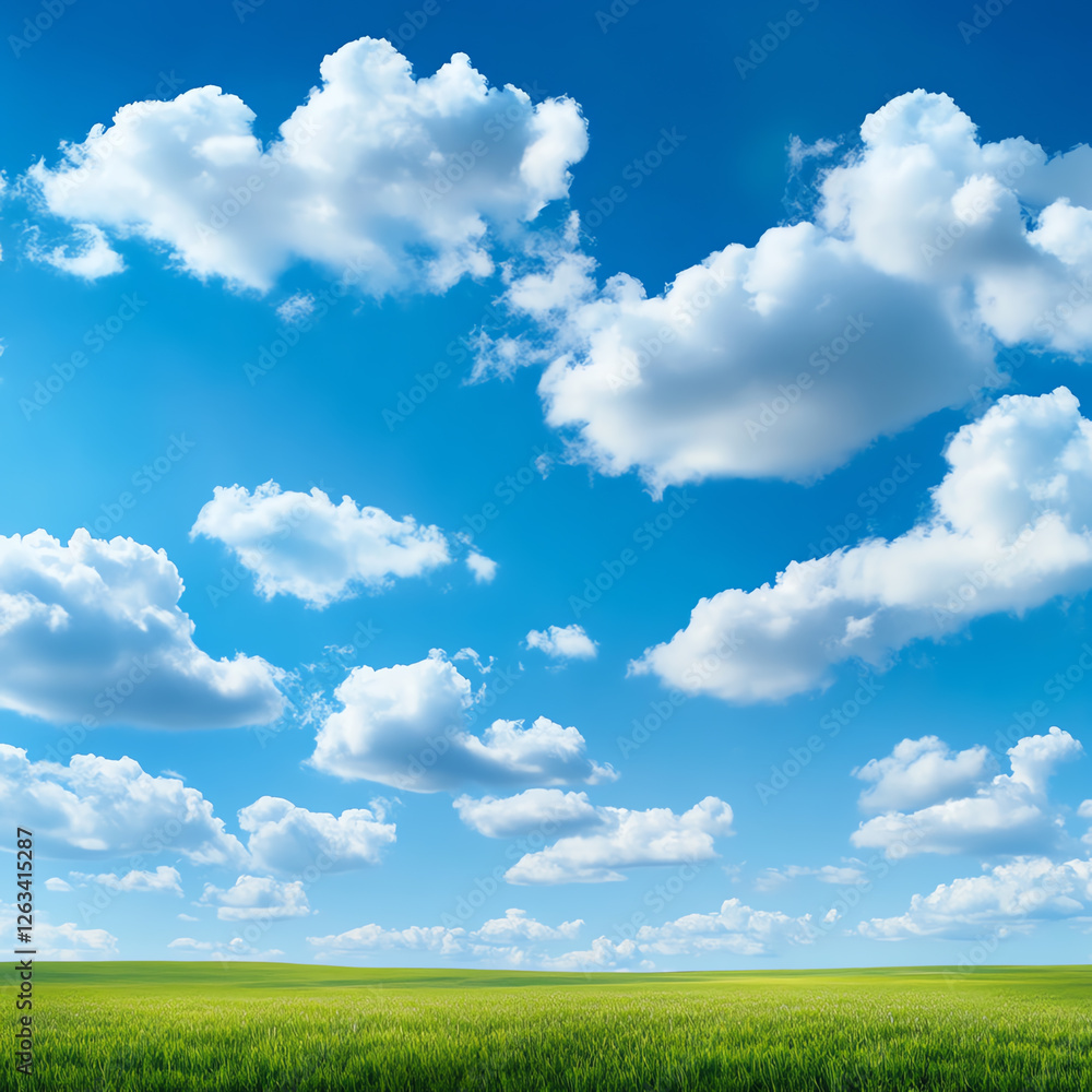 A vibrant landscape showcases a vast field under a clear blue sky decorated with fluffy white clouds, evoking a sense of tranquility and connection to nature. A vibrant landscape showcases a vast field under a clear blue sky decorated with fluffy white clouds, evoking a sense of tranquility and connection to nature.