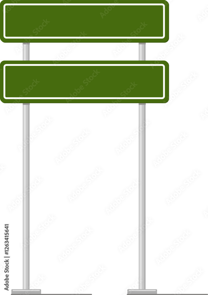 Two blank green road signs featuring white frames, positioned on sturdy metal poles, await the opportunity to convey essential information to drivers and pedestrians Two blank green road signs featuring white frames, positioned on sturdy metal poles, await the opportunity to convey essential information to drivers and pedestrians