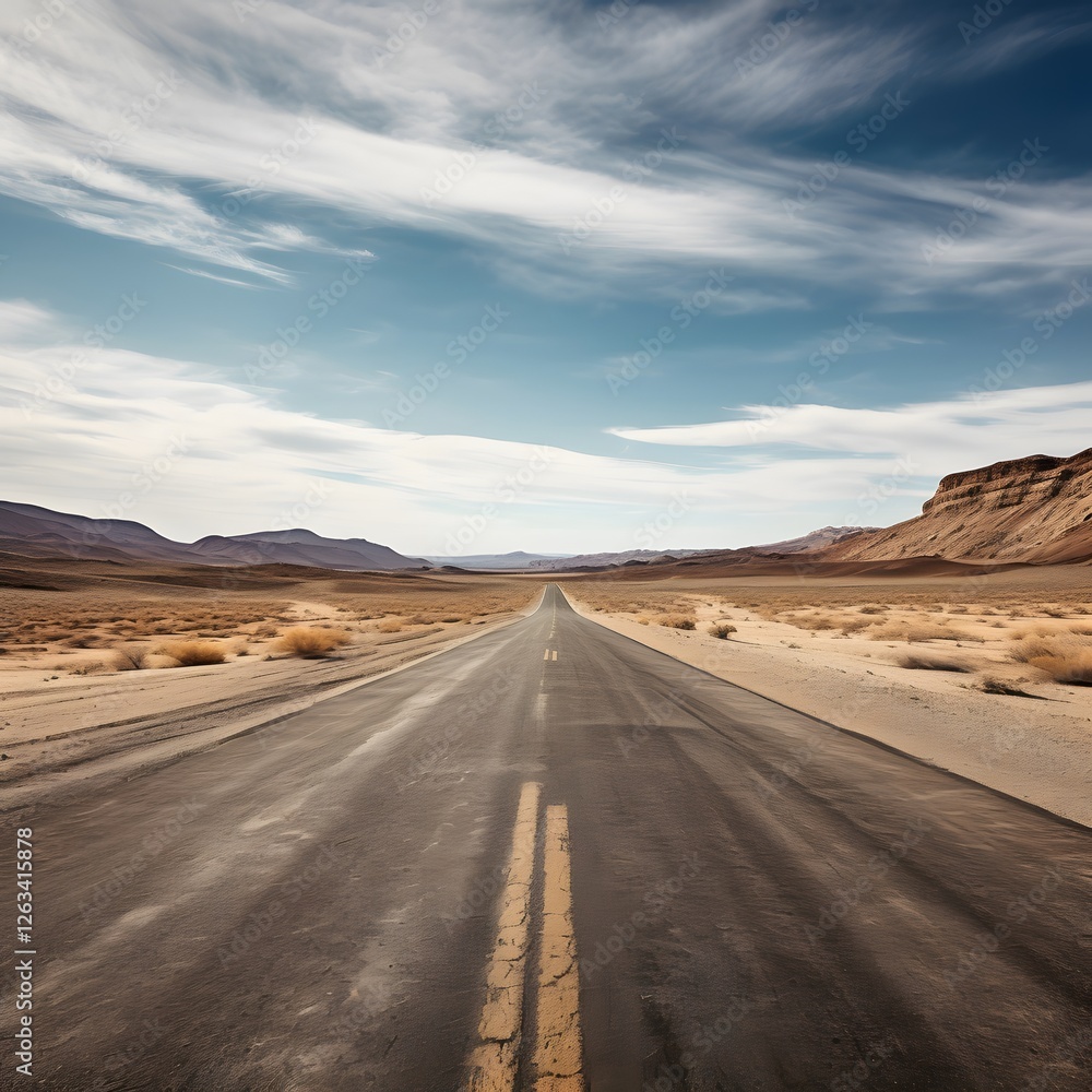 A long road in the desert with a few clouds in the sky A long road in the desert with a few clouds in the sky