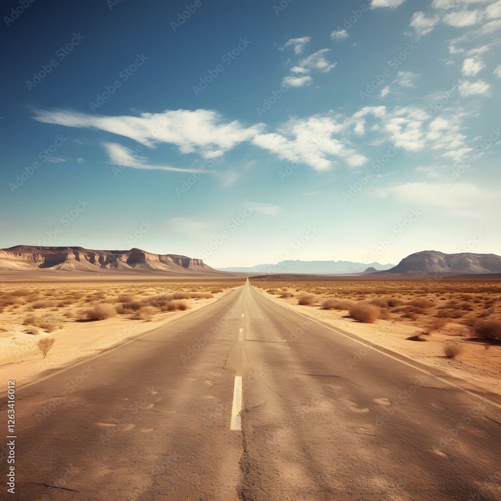 A long road in the desert with a clear blue sky above A long road in the desert with a clear blue sky above