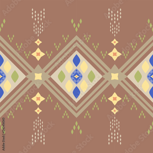 Classy Tribal Version Mocha Mousse Background. Light Color Shade of Yellow Embroidery Silk Weaves. Geometric Ethnic Greek Style Decoration with Colorful Diamond Pattern. Traditional Seamless Vector