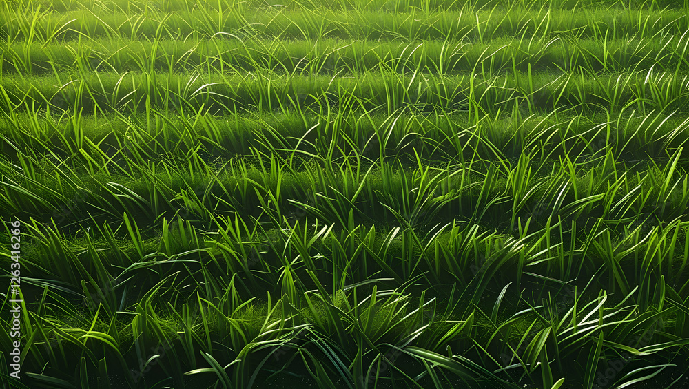 A lush green field with rows of young plants, possibly rice, illuminated by soft light, creating a serene and natural scene. A lush green field with rows of young plants, possibly rice, illuminated by soft light, creating a serene and natural scene.