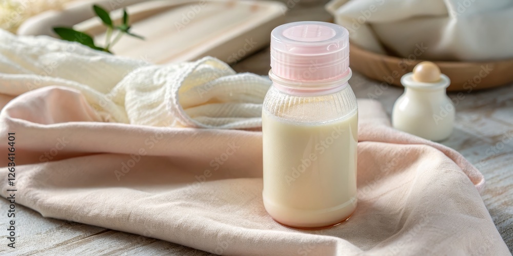 Baby Formula in Glass Bottle with Pink Cap, Soft Fabric Background, Minimalist Composition, Newborn, Infant Baby Formula, Infant Milk Baby Formula in Glass Bottle with Pink Cap, Soft Fabric Background, Minimalist Composition, Newborn, Infant Baby Formula, Infant Milk