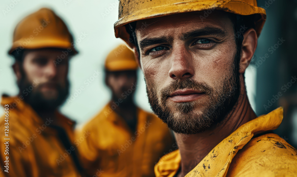 Portrait of Resilient Fishermen: The Determined Faces in Yellow Gear Braving the Ocean's Challenges Portrait of Resilient Fishermen: The Determined Faces in Yellow Gear Braving the Ocean's Challenges
