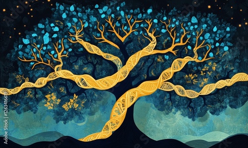 Golden DNA tree, teal leaves, night sky.