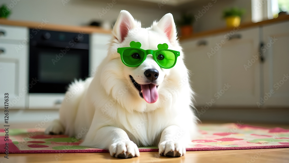 A playful white dog in green sunglasses, showing style and joy in a cheerful setting
