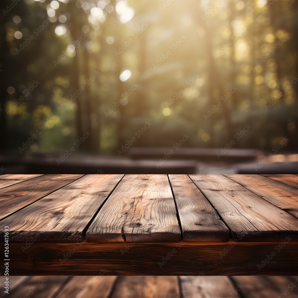 A wooden table with a view of trees A wooden table with a view of trees
