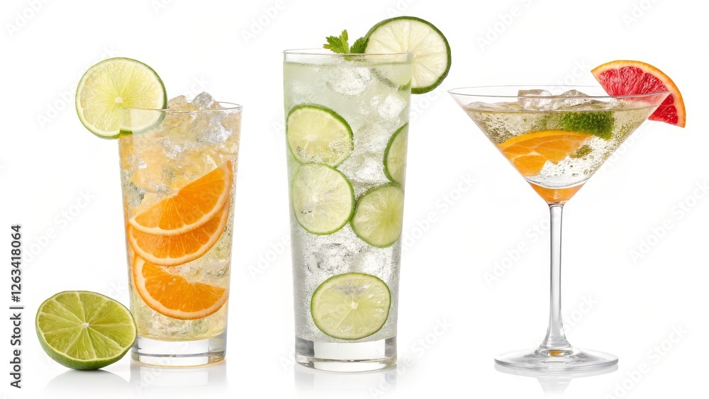 Fototapeta premium Refreshing Citrus Cocktails Tall Glass, Martini Glass, Lime, Orange, Ice, Citrus Drinks Cocktail recipe, summer drinks