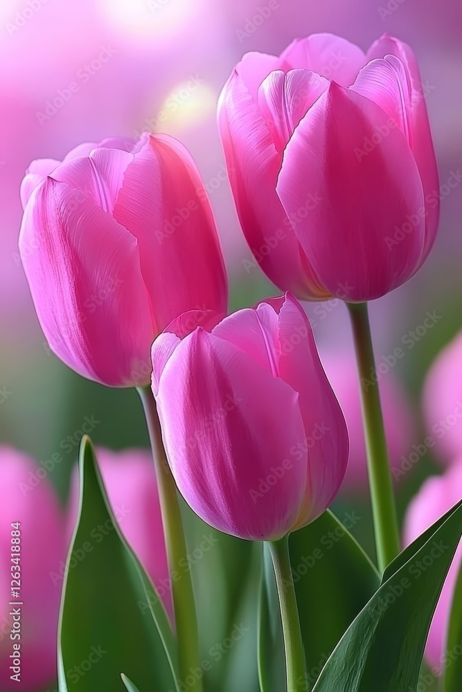 Three Vibrant Pink Tulips in Bloom, Shallow Depth of Field, Natural Sunlight, Summer Day Three Vibrant Pink Tulips in Bloom, Shallow Depth of Field, Natural Sunlight, Summer Day