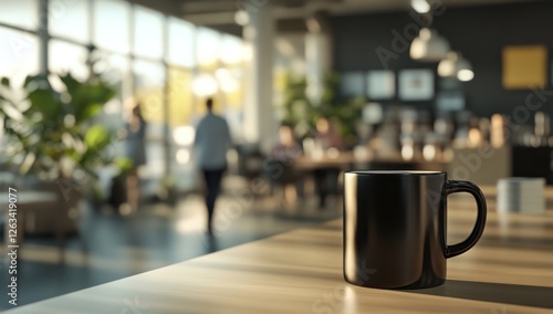 Black Coffee Mug on Wooden Table in a Modern Office
