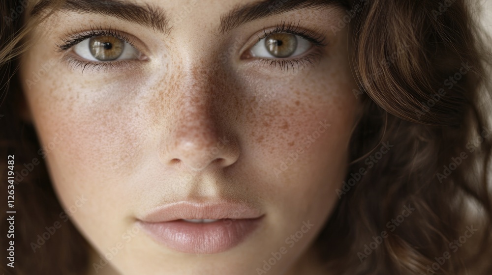 Obraz premium Close-up portrait of a woman with freckled skin, perfect for beauty or lifestyle shots