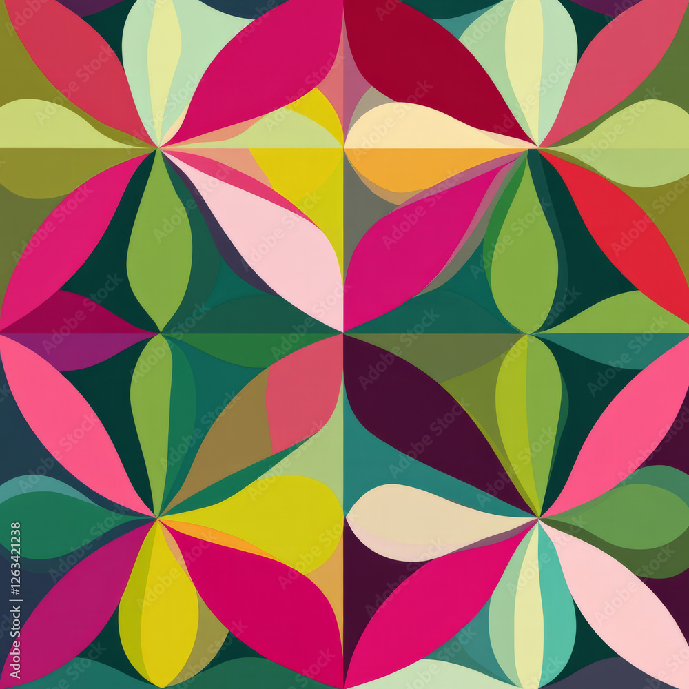 Fototapeta premium A geometric floral illustration with abstract petals and leaves arranged in a repeating, symmetrical grid. The design features a color palette of bold hues like fuchsia, lime green, and teal.