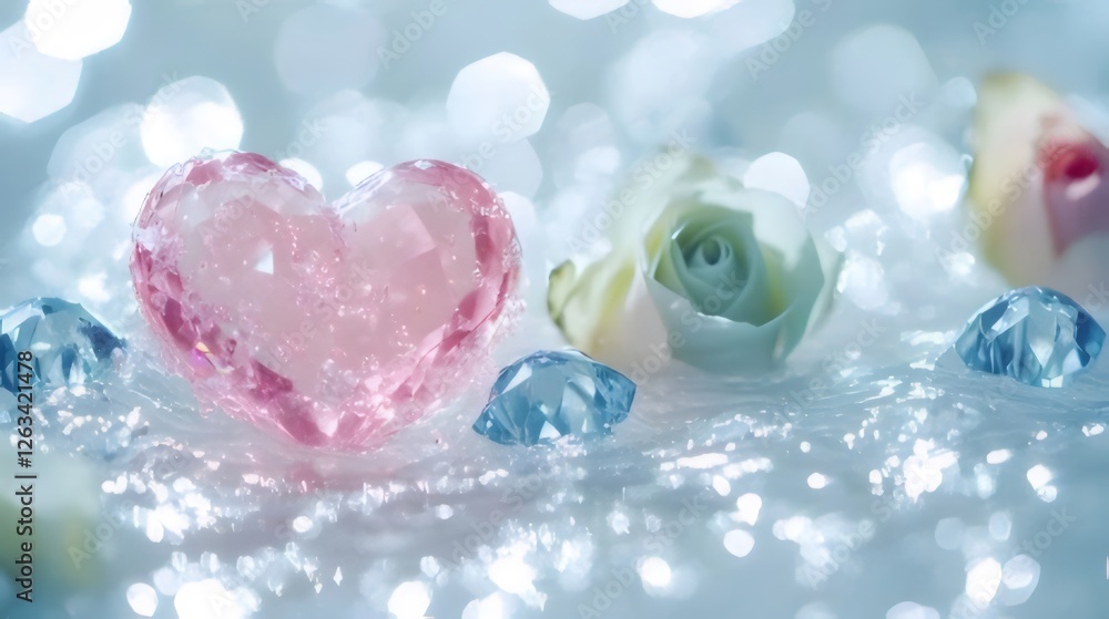 Pink crystal heart with roses and diamonds on shimmering background. Pink crystal heart with roses and diamonds on shimmering background.