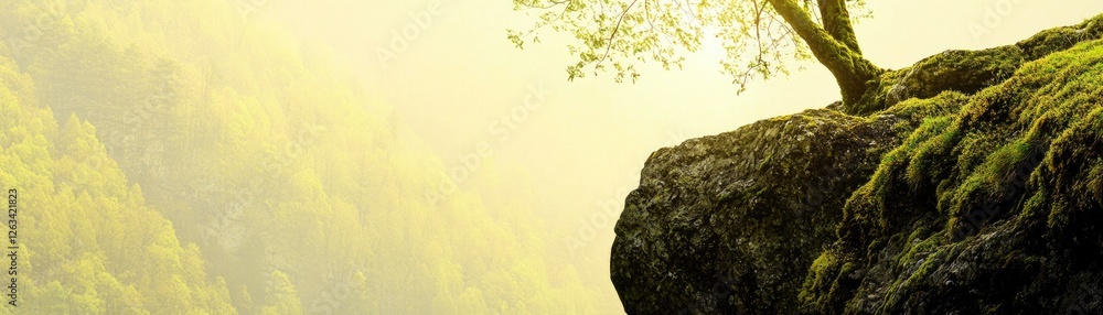 Misty mountain tree, cliff edge, serene valley. Website banner Misty mountain tree, cliff edge, serene valley. Website banner