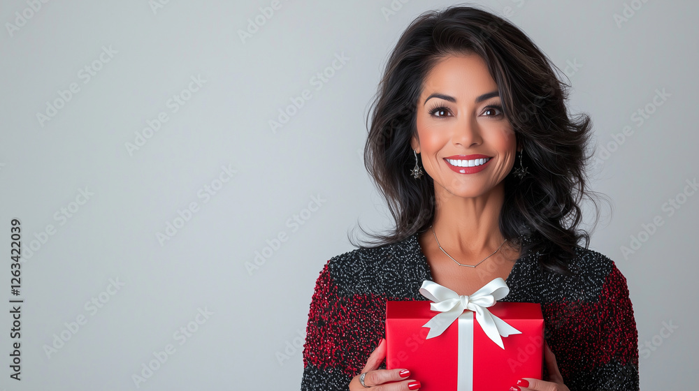 Cheerful Latin Woman Holding Red Gift Box with White Ribbon Cheerful Latin Woman Holding Red Gift Box with White Ribbon