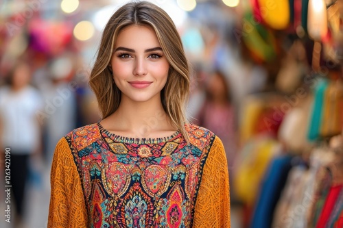 National Dress Day. Portrait of a woman in a colorful embroidered dress, smiling in a vibrant market scene. photo