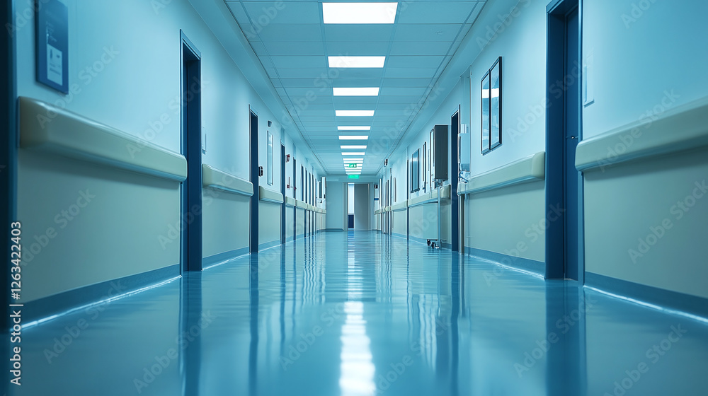 A pristine corridor stretches, illuminated by overhead lights, emphasizing cleanliness and order. The reflective floor mirrors the serene environment. A pristine corridor stretches, illuminated by overhead lights, emphasizing cleanliness and order. The reflective floor mirrors the serene environment.