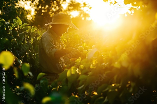 A farmer picking fresh fruit in an orchard at golden hour
