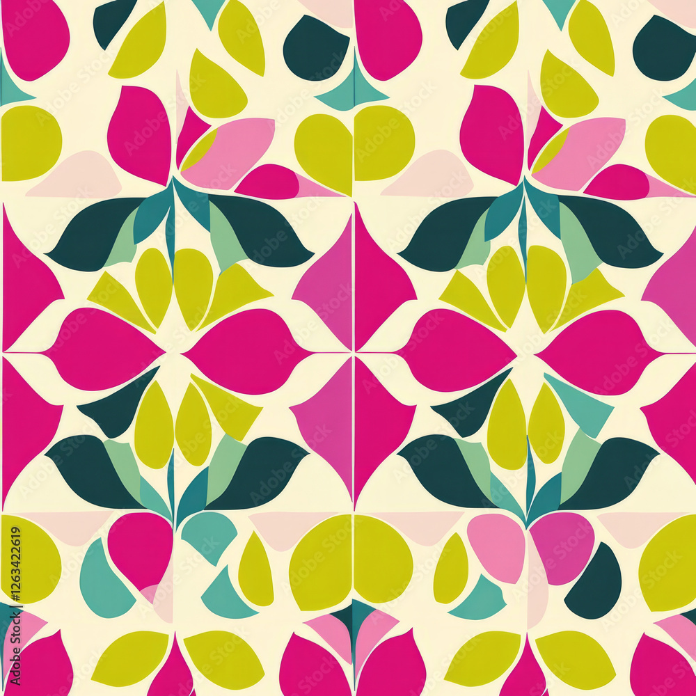 Fototapeta premium A geometric floral illustration with abstract petals and leaves arranged in a repeating, symmetrical grid. The design features a color palette of bold hues like fuchsia, lime green, and teal.