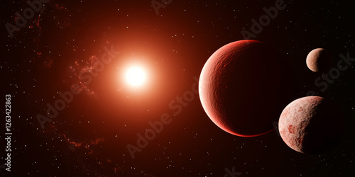 A hyper-realistic depiction of a red dwarf star system, with icy exoplanets bathed in a dim, eerie crimson glow. photo