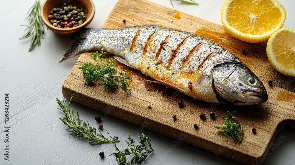 Freshly caught fish on a rustic wooden cutting board with herbs and lemon Freshly caught fish on a rustic wooden cutting board with herbs and lemon