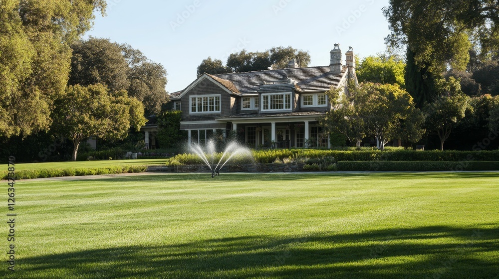 Sprinklers water lush lawn near grand house Sprinklers water lush lawn near grand house