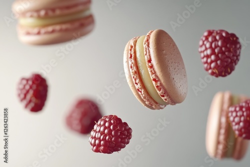 A whimsical scene of fresh raspberries and colorful macarons suspended in mid-air, ideal for use in food-related illustrations or designs photo