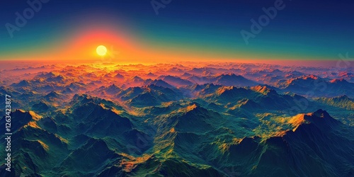 An enchanting mountain vista awash in vibrant orange and green hues. Majestic peaks basked in radiant golden light, with lush greens cascading down their bases, creating a mesmerizing blend of fiery w photo