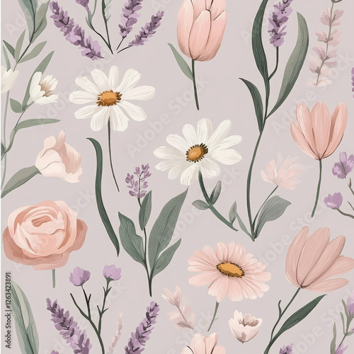 Wallpaper Mural A delicate floral illustration featuring hand-drawn flowers like daisies, roses, and tulips in soft, pastel hues of pink, lavender, and mint. The gentle colors and fine details create an elegant, Torontodigital.ca