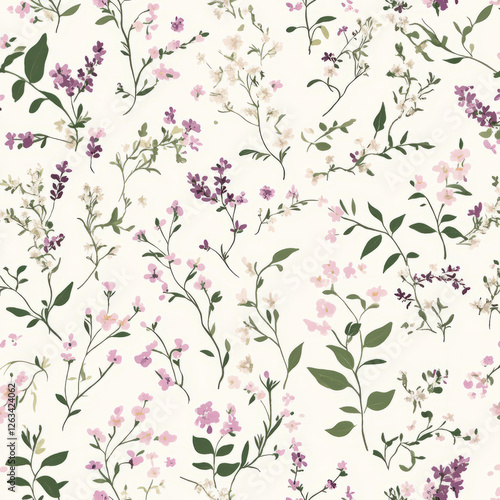 Wallpaper Mural A delicate floral illustration featuring small, whimsical wildflowers like babyâ€™s breath, lavender, and primroses. The design evokes a peaceful, country garden feel with soft pinks, greens, and Torontodigital.ca