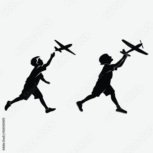 A child playing with a toy plane silhouette design art with illustration