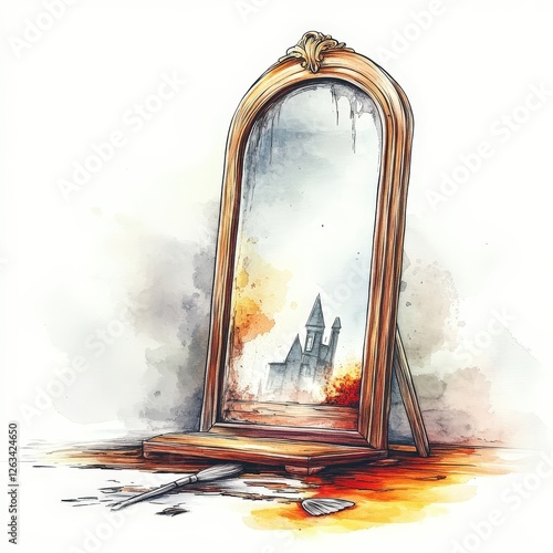 Ornate mirror reflecting a distant burning castle in a fantasy scene