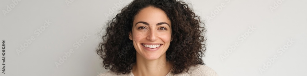 A woman with curly hair smiling directly at the camera A woman with curly hair smiling directly at the camera