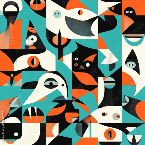 A geometric pet illustration featuring stylized shapes of birds, fish, and cats. The design uses bold, contrasting colors like teal, orange, and black to create a modern and dynamic aesthetic. photo