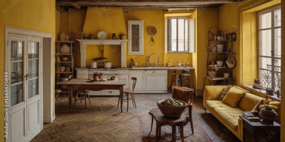 A Rustic Yellow Kitchen With Wooden Floors and Vintage Furnishings A Rustic Yellow Kitchen With Wooden Floors and Vintage Furnishings