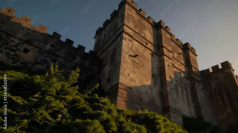 Majestic castle wall in golden sunset with dramatic shadows and lush greenery